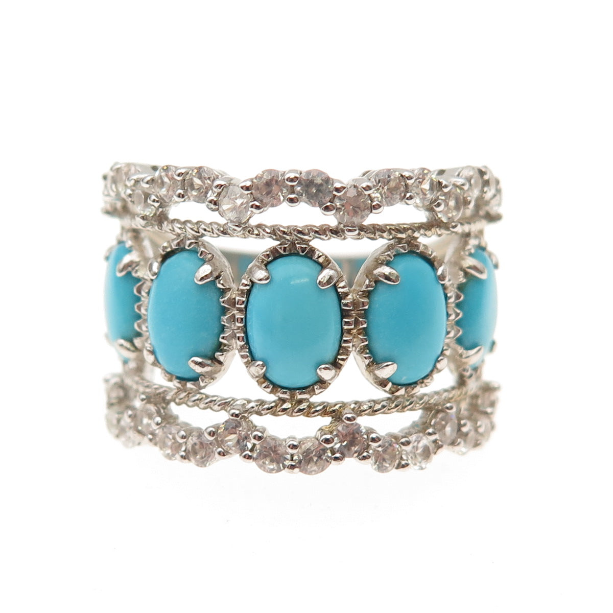 925 Sterling Silver Real Sleeping Beauty Turquoise & White Topaz Ring Size 8