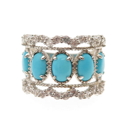 925 Sterling Silver Real Sleeping Beauty Turquoise & White Topaz Ring Size 8