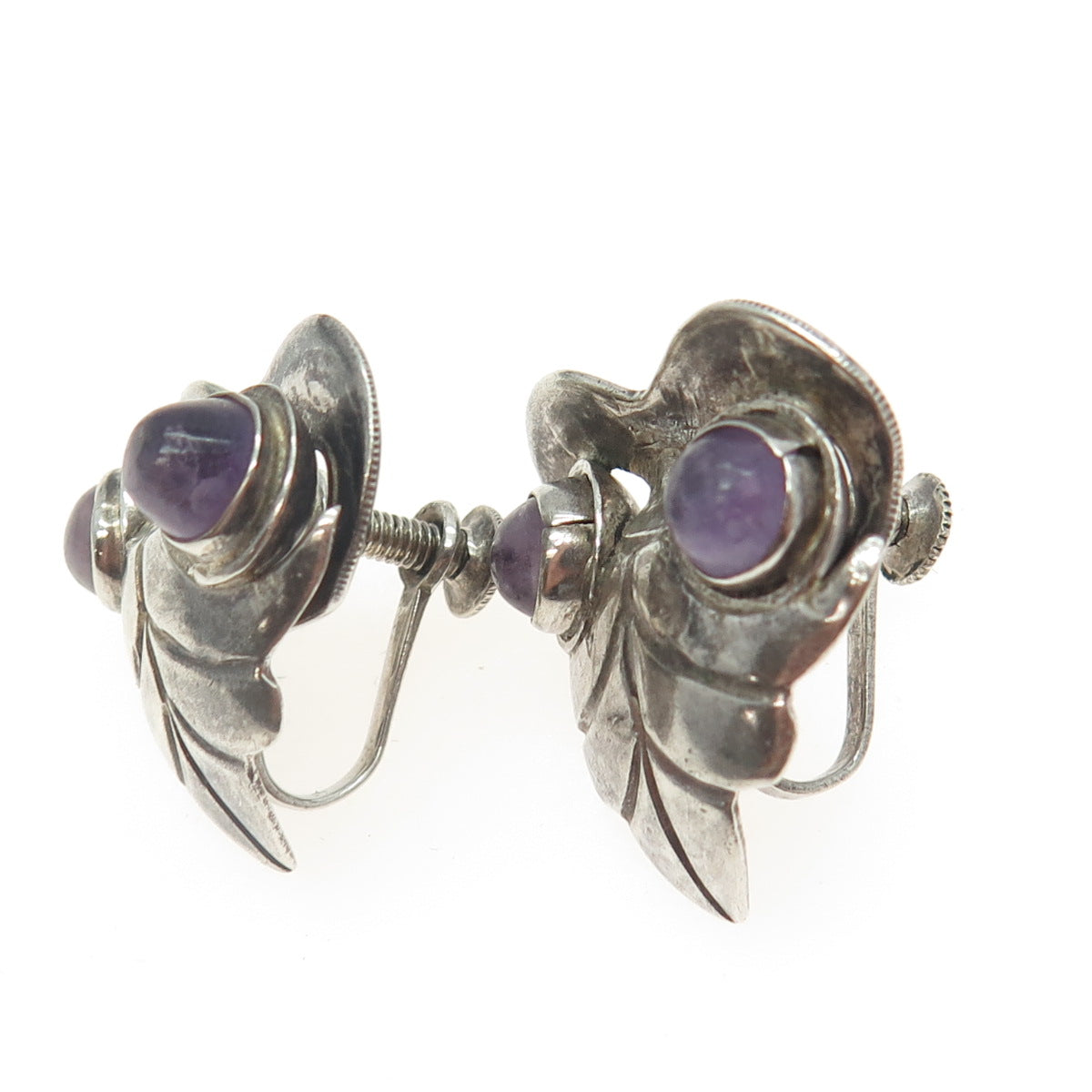 925 Sterling Silver Antique Mexico Real Amethyst Gem Heart Screw Back Earrings