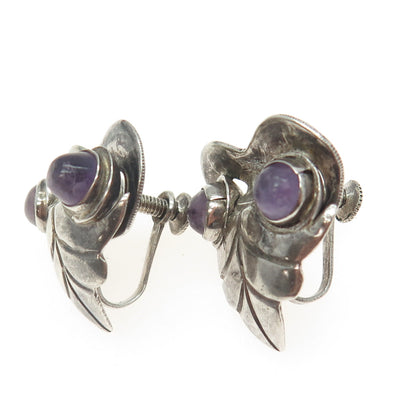 925 Sterling Silver Antique Mexico Real Amethyst Gem Heart Screw Back Earrings