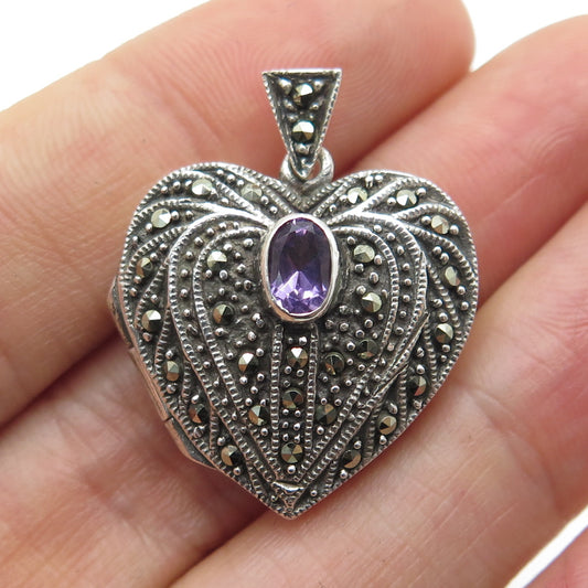 925 Sterling Silver Vintage Real Amethyst & Marcasite Heart Locket Pendant