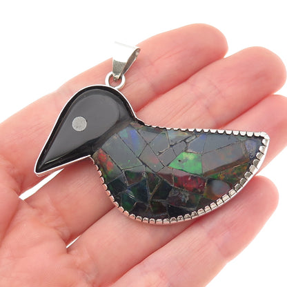 925 Sterling Silver Vintage Real Black Onyx & Opal Inlay Modernist Bird Pendant