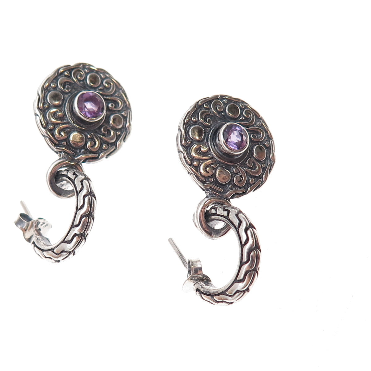 925 Sterling Silver Vintage Real Amethyst Dangle Charm Hoop Earrings