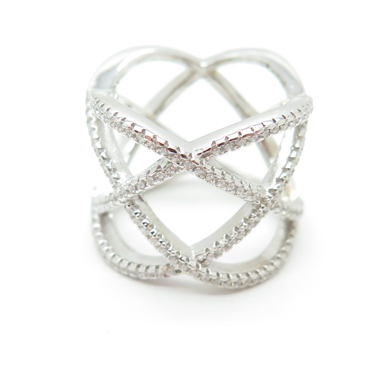 925 Sterling Silver Round-Cut C Z Crisscross Ring Size 5.75