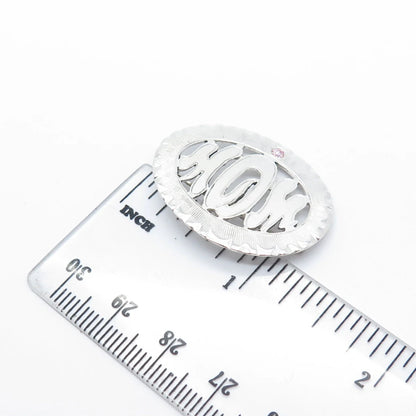 925 Sterling Silver Vintage C Z "MOM" Textured Oval Pin Brooch