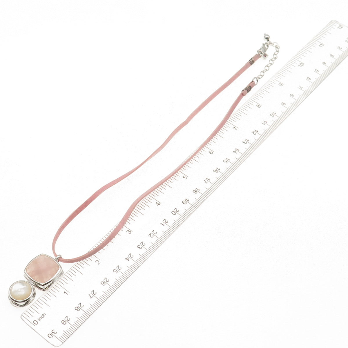 Elle 925 Sterling Silver Real Rose Quartz MOP & Ruby Pink Lace Necklace 16-18"