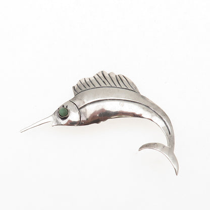 925 Sterling Silver Vintage Mexico Real Turquoise Swordfish Oxidized Pin Brooch