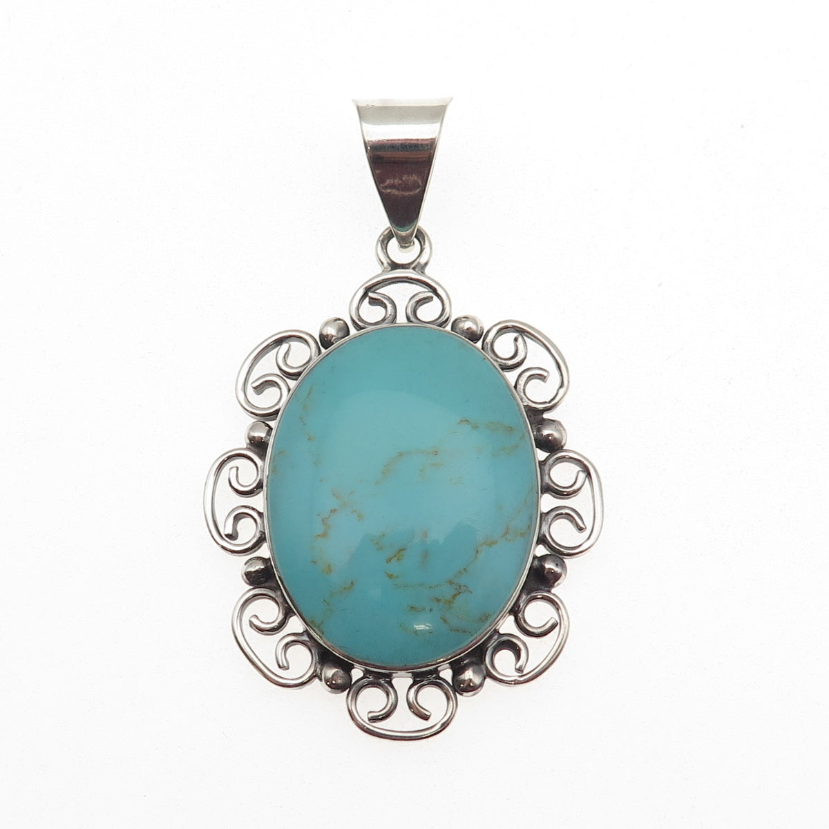 925 Sterling Silver Vintage Mexico Real Tyrone Turquoise Ornate Pendant