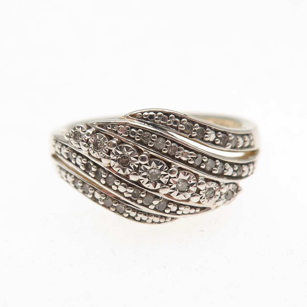 925 Sterling Silver Real Round-Cut Diamond Ring Size 7.25