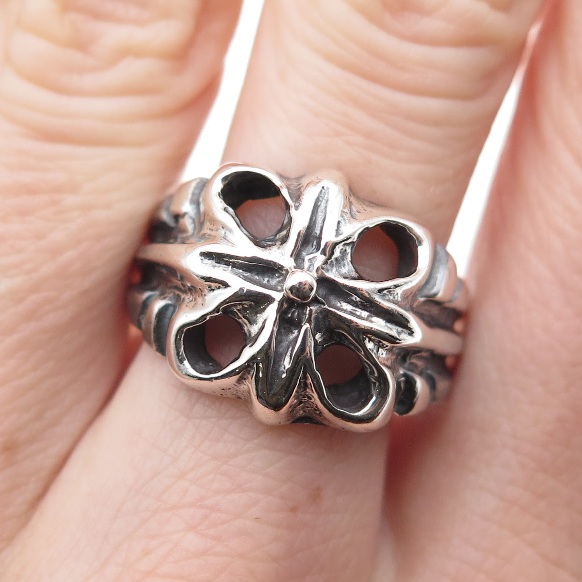 925 Sterling Silver Vintage Modernist Cross Oxidized Ring Size 9.75