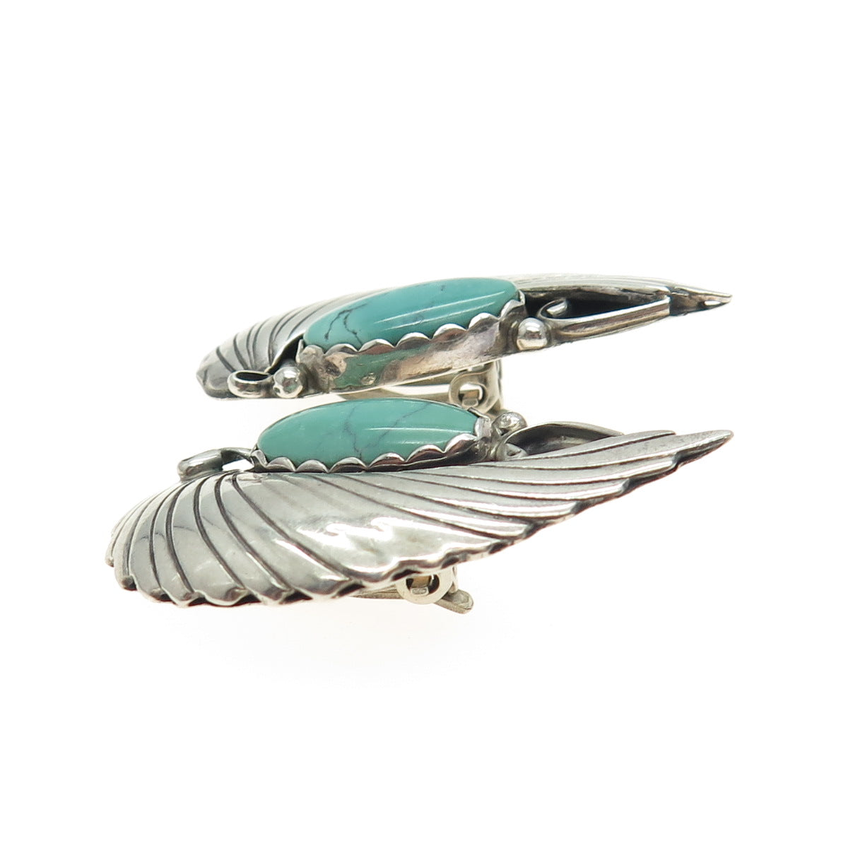 Old Pawn 925 Sterling Silver Vintage Mountain Turquoise Feather Clip On Earrings