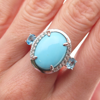 925 Sterling Silver Real Tyrone Turquoise Blue & White Topaz Ring Size 8