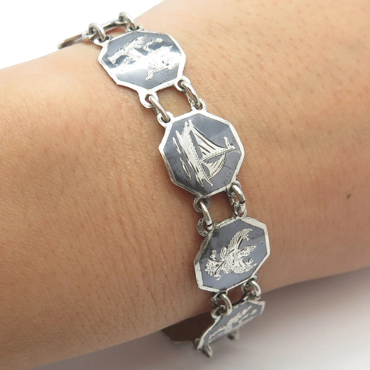 925 Sterling Silver Vintage Siam Niello Hindu Goddess Panel Link Bracelet 6.75"