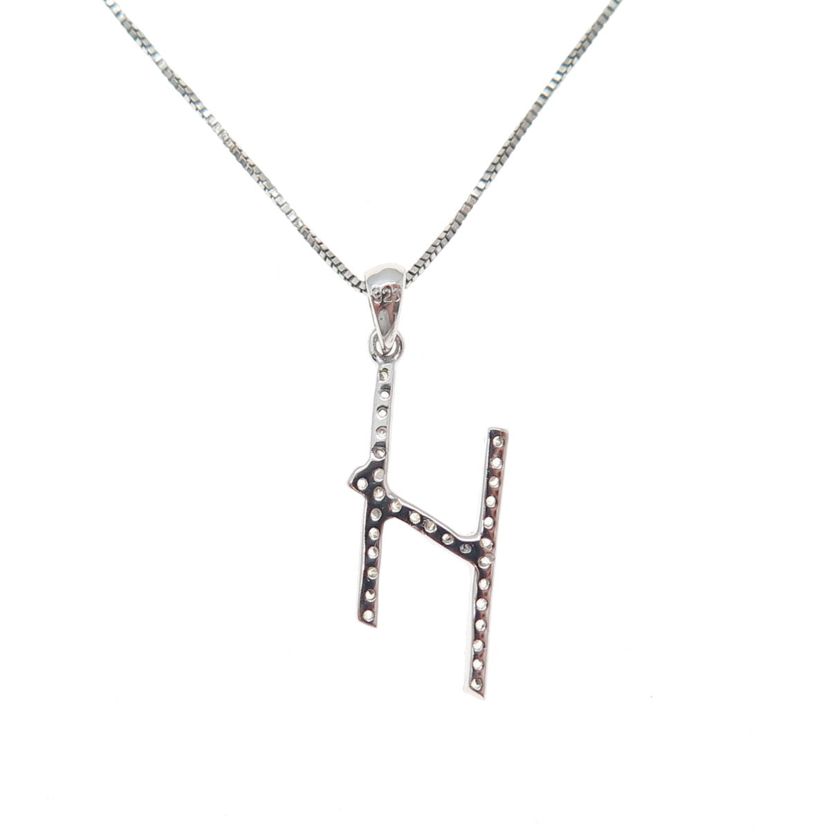 925 Sterling Silver Round-Cut C Z Letter H Initial Box Chain Necklace 18"
