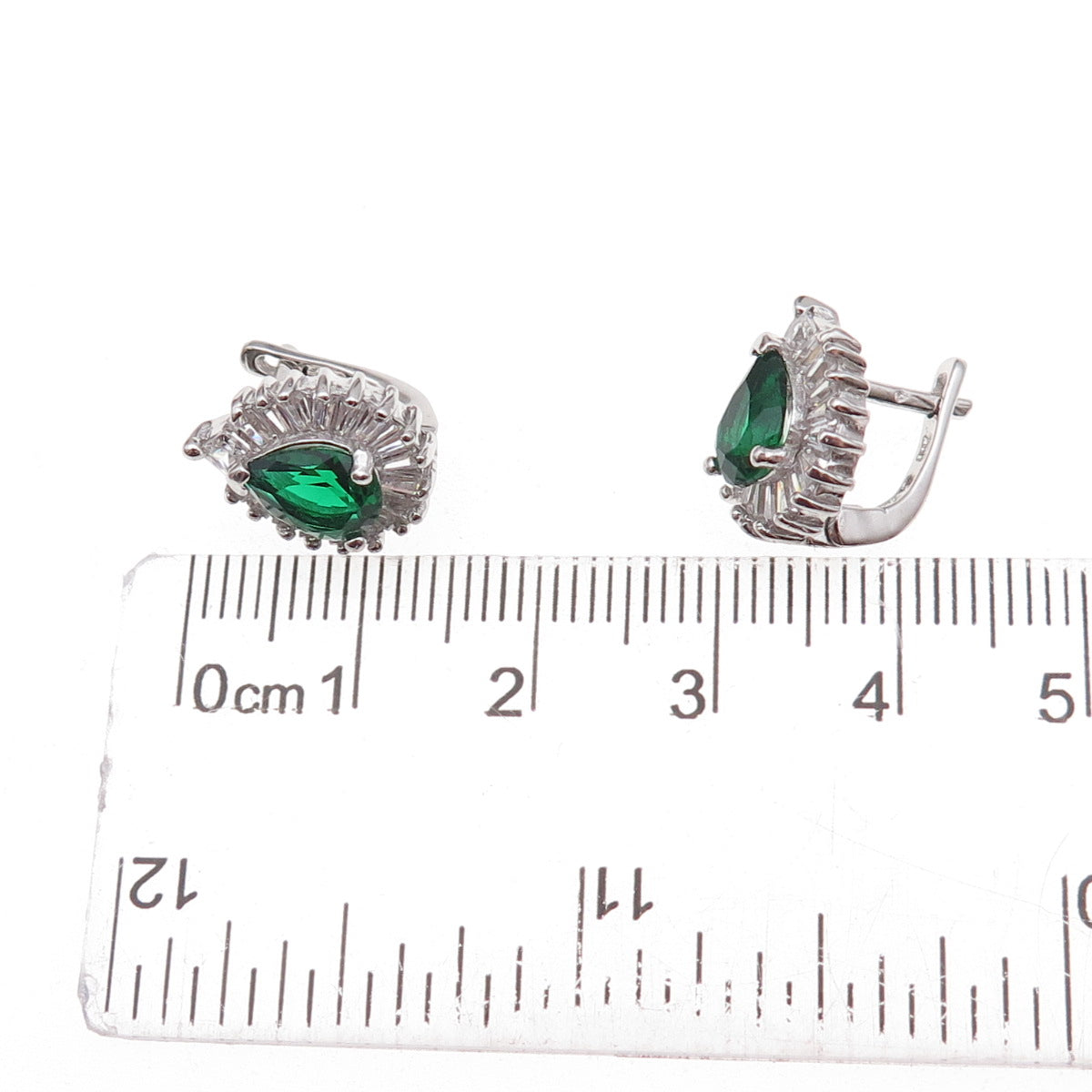 925 Sterling Silver Green & White C Z Teardrop Earrings
