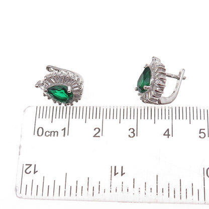 925 Sterling Silver Green & White C Z Teardrop Earrings