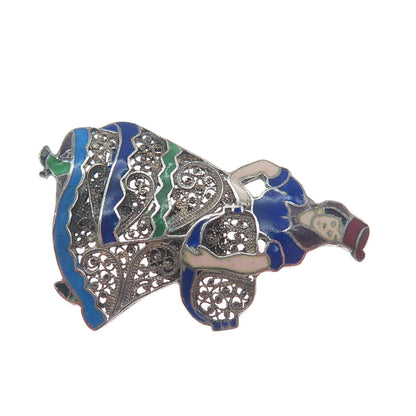 925 Sterling Silver Vintage Portugal Enamel Lady Filigree Oxidized Pin Brooch