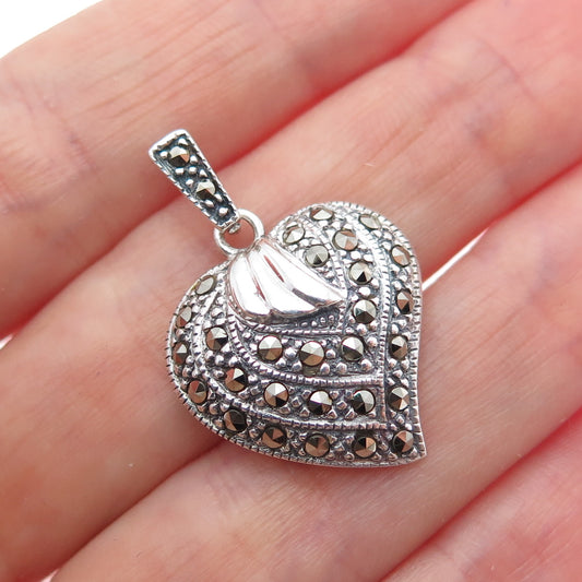 925 Sterling Silver Vintage Real Marcasite Heart Oxidized Charm Pendant