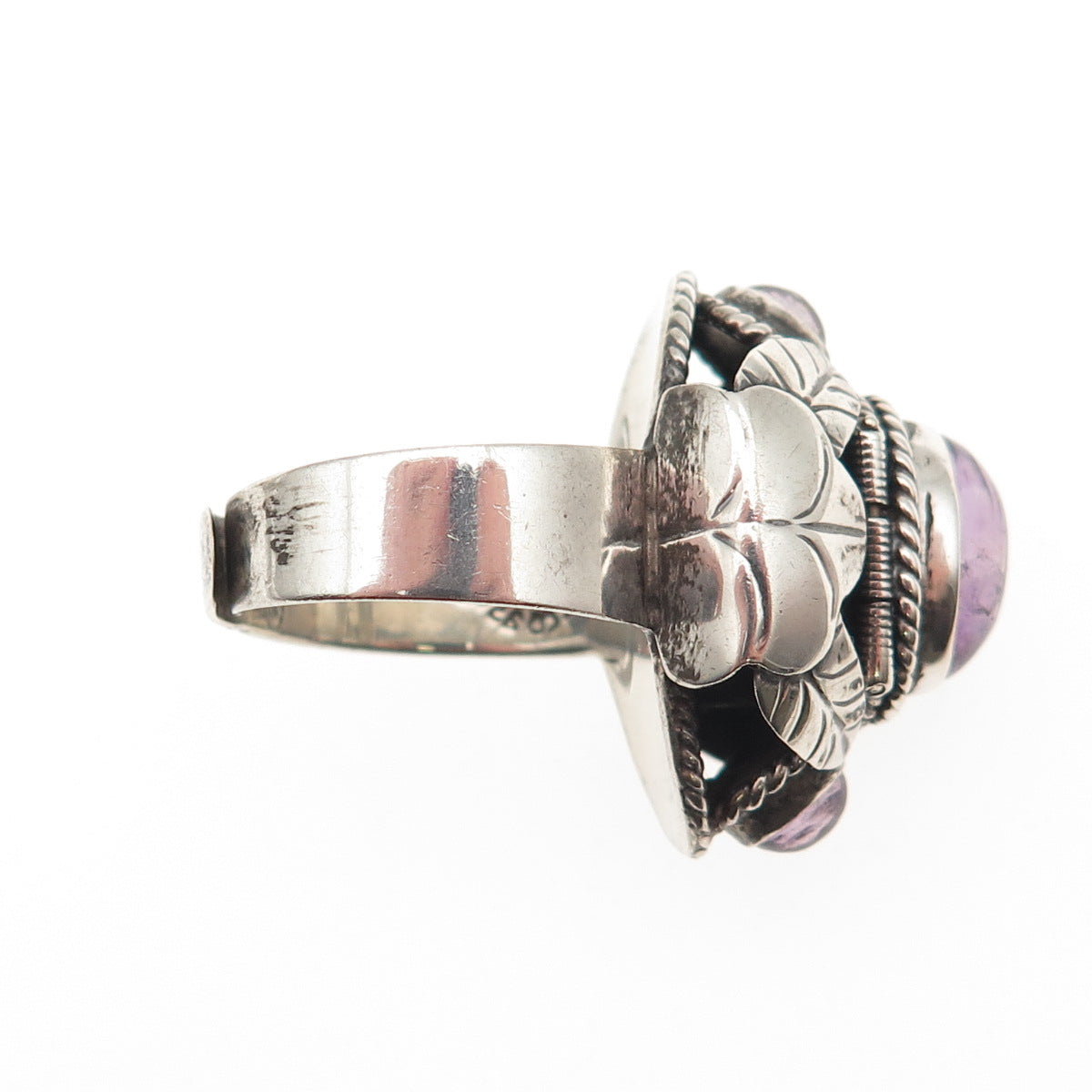 925 Sterling Vintage Mexico Real Amethyst Adjustable Poison Ring Size 7.75