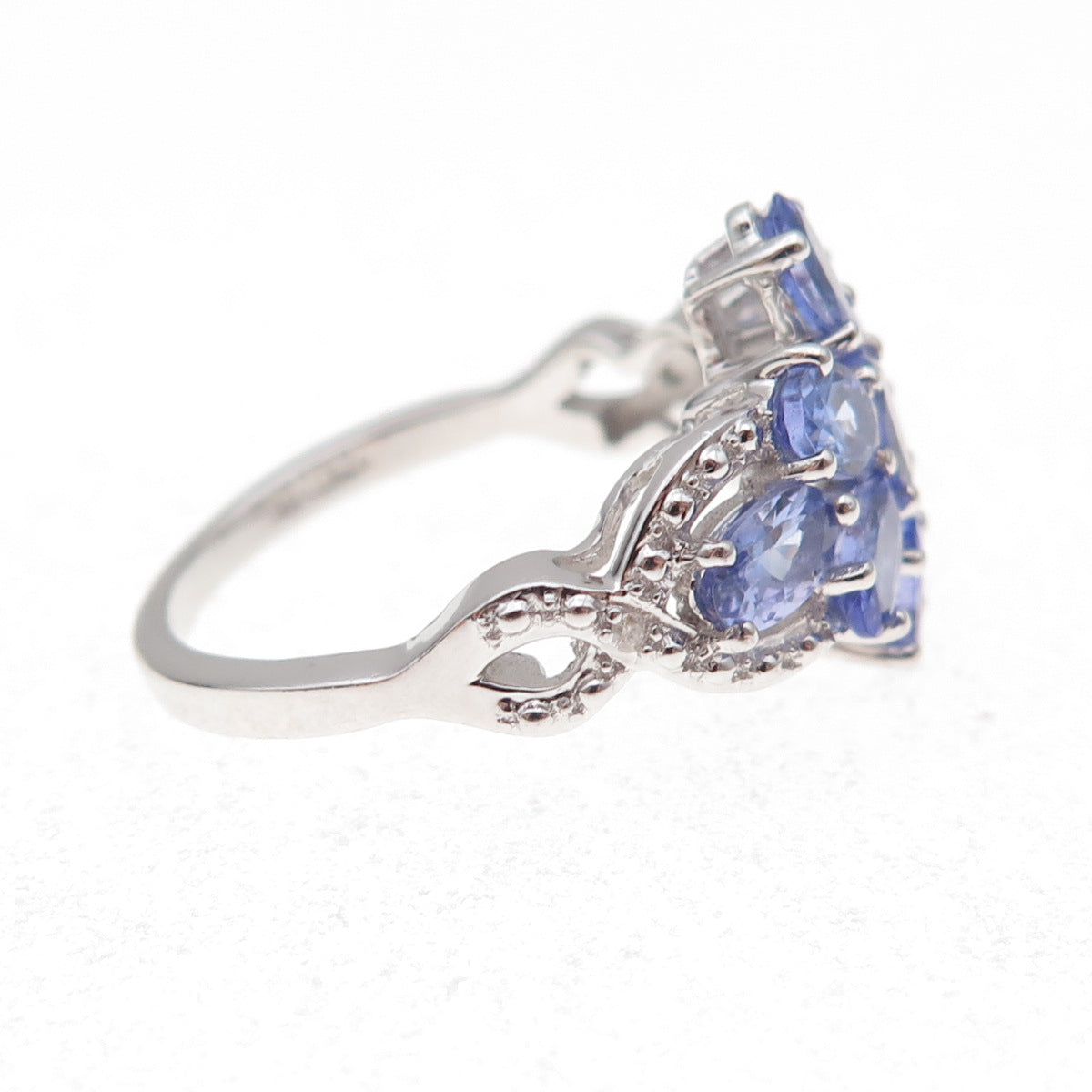 925 Sterling Silver Real Diamond Accent & Tanzanite Floral Ring Size 8