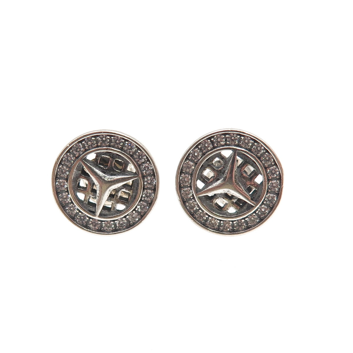 925 Sterling Silver Round-Cut C Z Mercedes Stud Earrings
