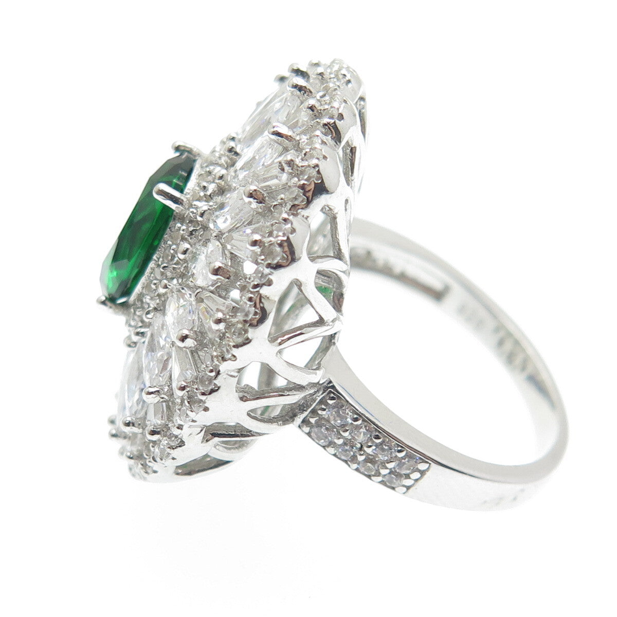 DSMK 925 Sterling Silver Chrome Diopside & Multi-Cut C Z Cluster Ring Size 7.25