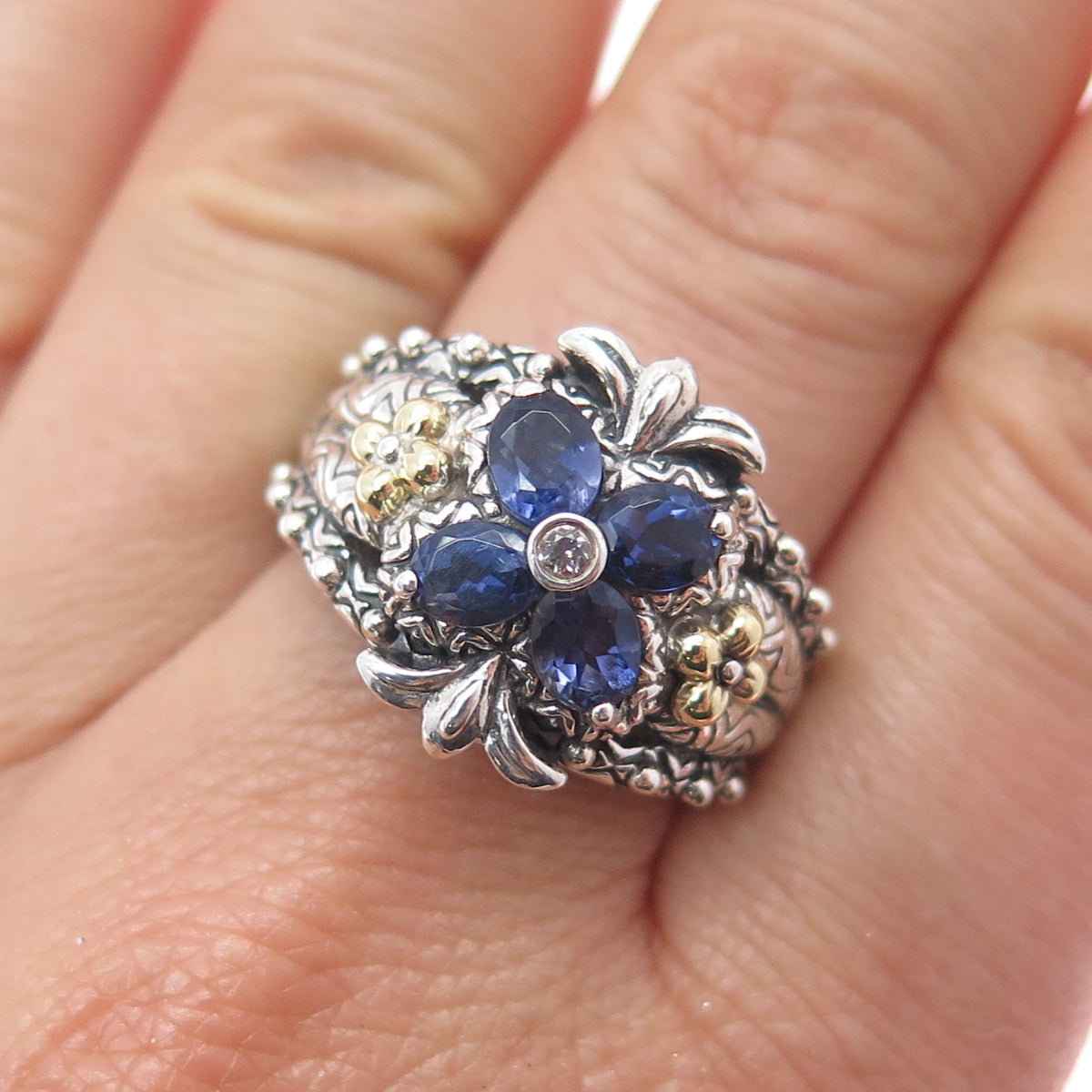 BARBARA BIXBY 18K Gold Sterling Silver Real White Topaz & Iolite Ring Size 8.25