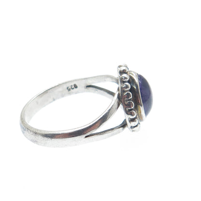 925 Sterling Silver Vintage Real Amethyst Beaded Oxidized Ring Size 8.75