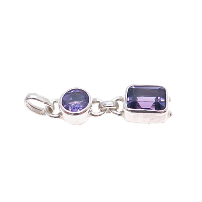925 Sterling Silver Vintage Real Round & Emerald-Cut Amethyst Charm Pendant
