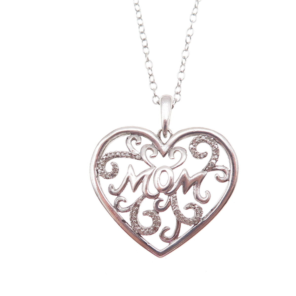 Jane Seymour 925 Sterling Silver Real Diamond Mom Heart Cable Chain Necklace 18"