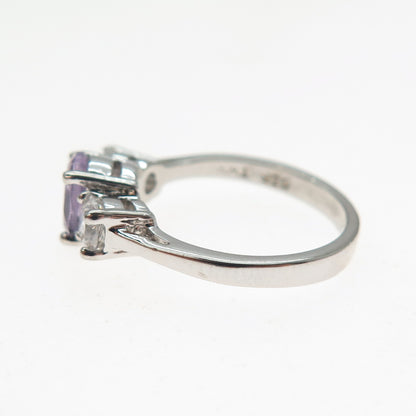 925 Sterling Silver Real Oval-Cut Amethyst & Round-Cut C Z Ring Size 5