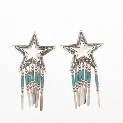 Quoc Turquoise Old Pawn 925 Sterling Silver Vintage Star Tribal Jacket Earrings