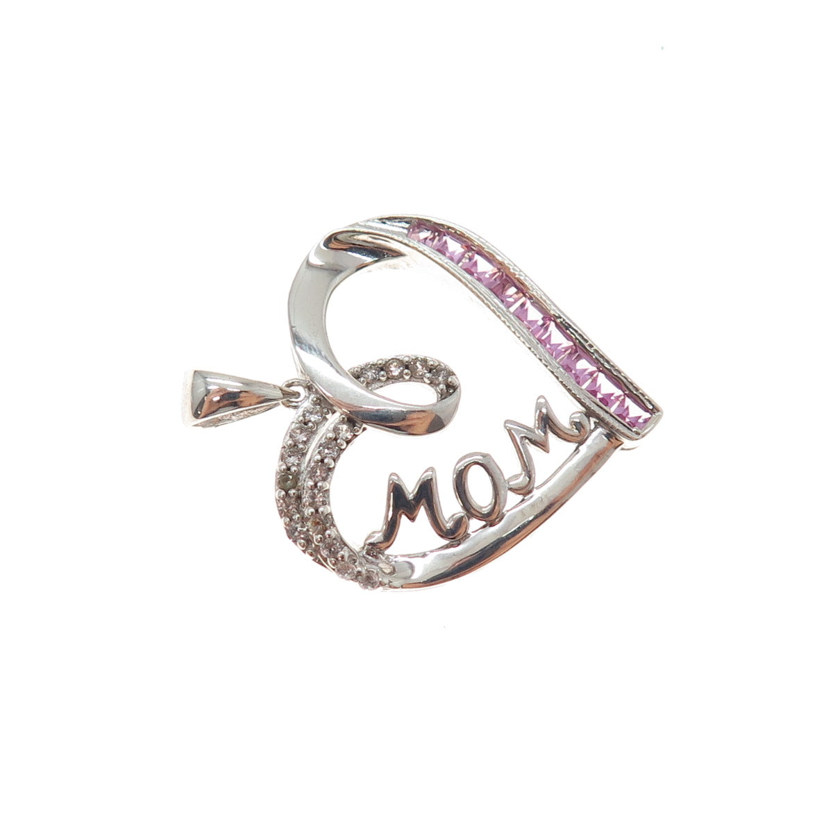 SUN 925 Sterling Silver Real Pink Sapphire & White Topaz Mom Heart Pendant