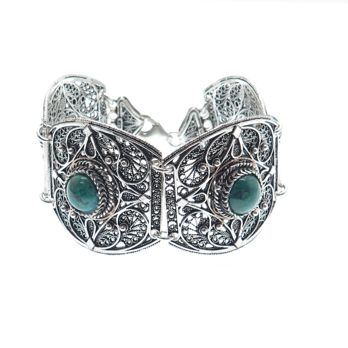 925 Sterling Silver Vintage Real Eilat Filigree Panel Link Oxidized Bracelet 7"