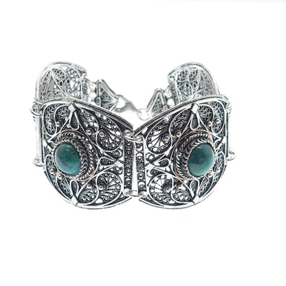 925 Sterling Silver Vintage Real Eilat Filigree Panel Link Oxidized Bracelet 7"