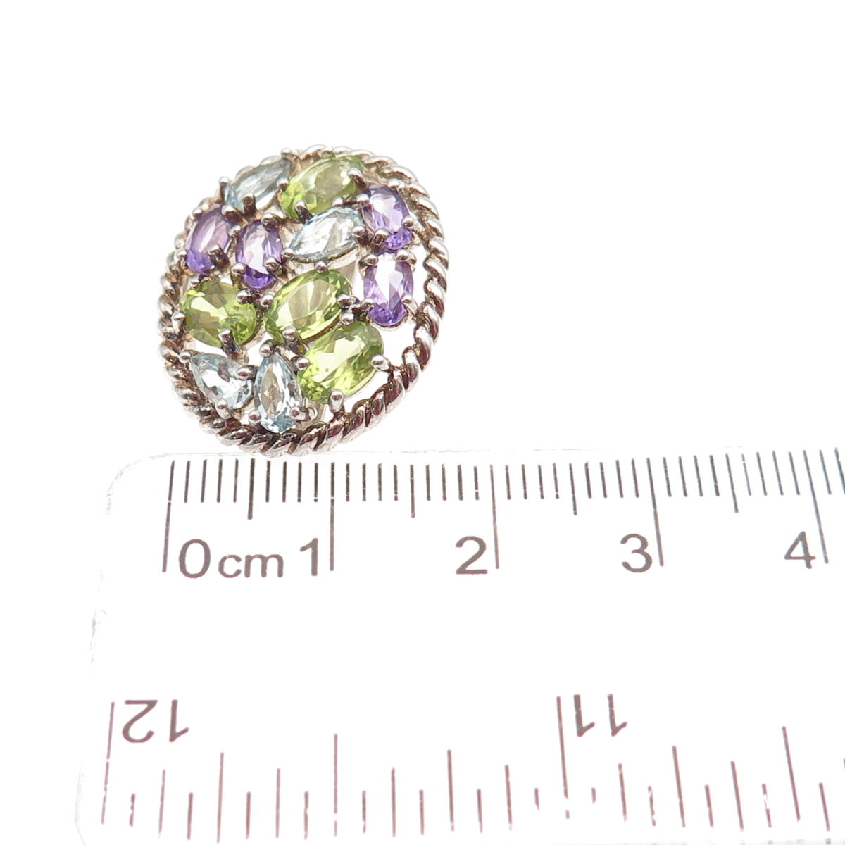 925 Sterling Silver Real Blue Topaz Peridot Amethyst Cluster Slide Mini Pendant