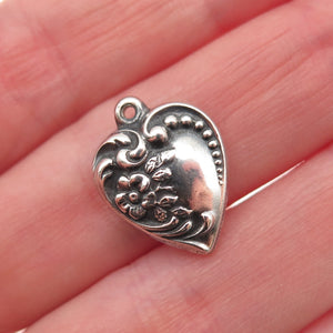 925 Sterling Antique Art Deco Engraved Chatelaine Heart Oxidized Mini Pendant