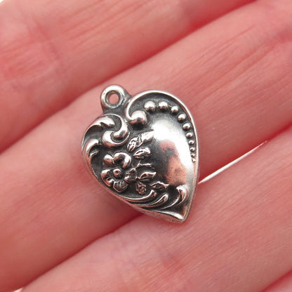 925 Sterling Antique Art Deco Engraved Chatelaine Heart Oxidized Mini Pendant