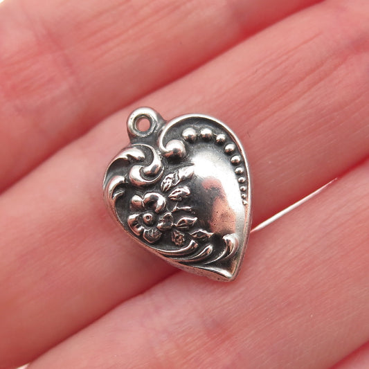 925 Sterling Antique Art Deco Engraved Chatelaine Heart Oxidized Mini Pendant