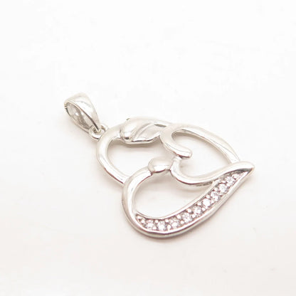 925 Sterling Silver C Z Double Heart Charm Pendant