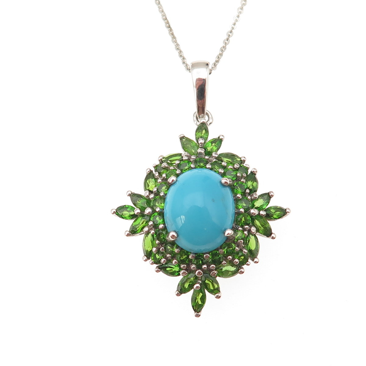 D'Joy 925 Sterling Silver Real Turquoise & Peridot Cable Chain Necklace 20"