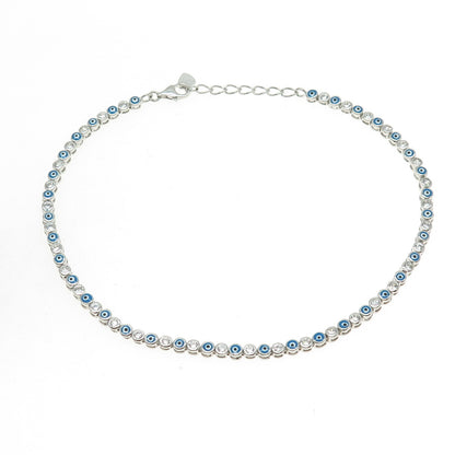 925 Sterling Silver Enamel C Z Evil's Eye Tennis Link Anklet Bracelet 9.5-10.5"