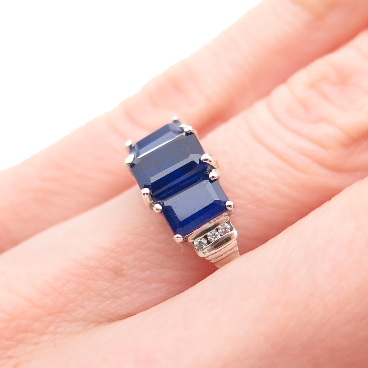 D'Joy 925 Sterling Silver Real Emerald-Cut Sapphire & White Topaz Ring Size 5