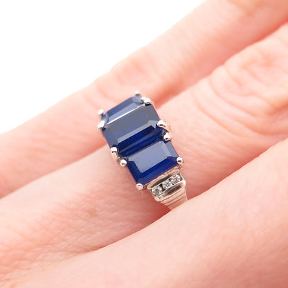 D'Joy 925 Sterling Silver Real Emerald-Cut Sapphire & White Topaz Ring Size 5