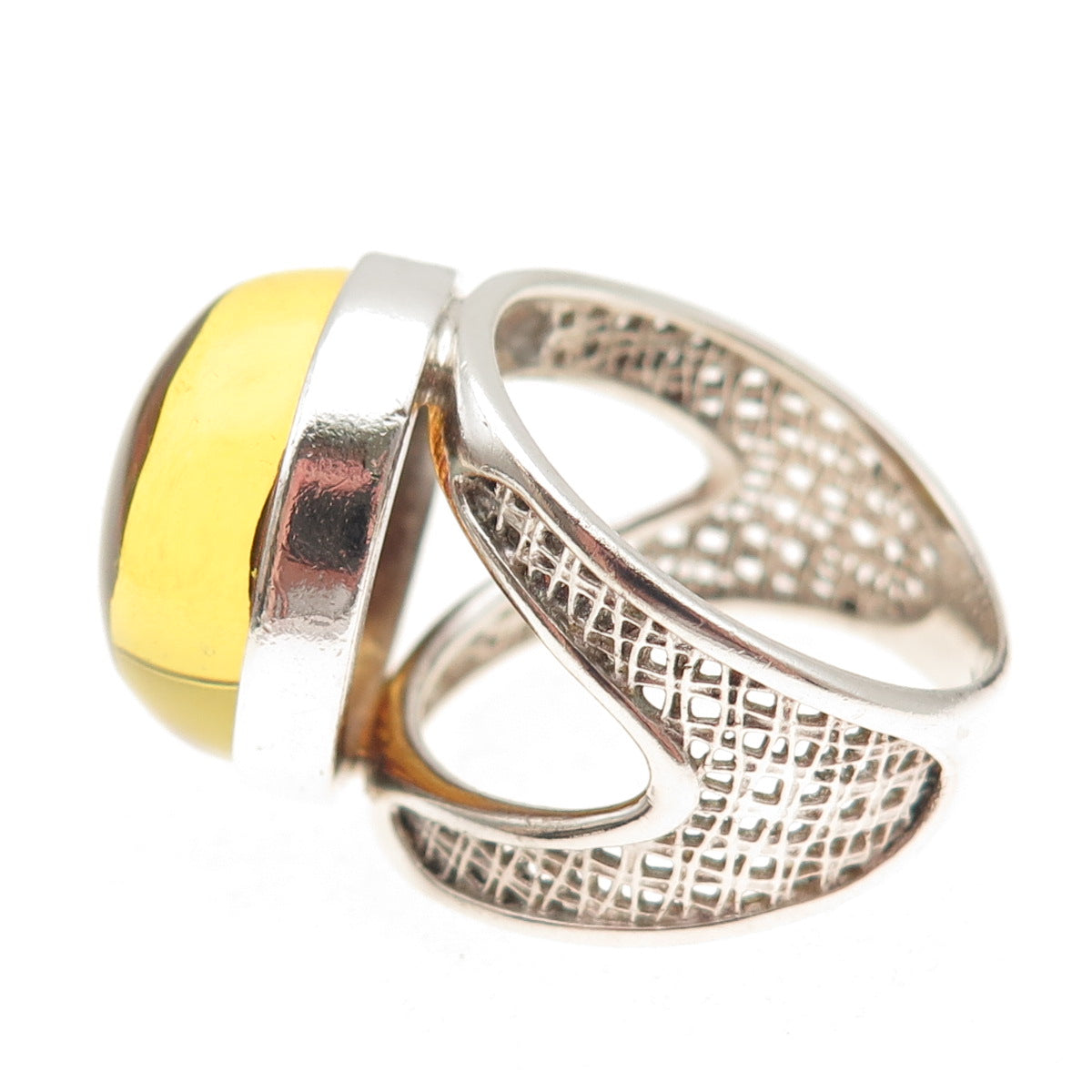 925 Sterling Silver Vintage Real Amber Modernist Oxidized Ring Size 11.25