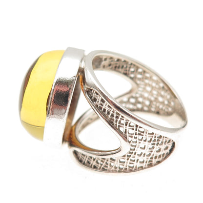 925 Sterling Silver Vintage Real Amber Modernist Oxidized Ring Size 11.25
