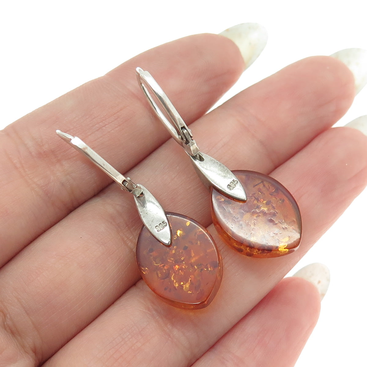 925 Sterling Silver Vintage Real Amber Modernist Earrings