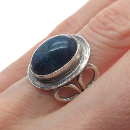 925 Sterling Silver Vintage Real Lapis Modernist Oxidized Ring Size 5.75
