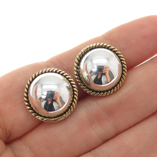 925 Sterling Silver 2-Tone Vintage Mexico Modernist Dome Clip On Earrings