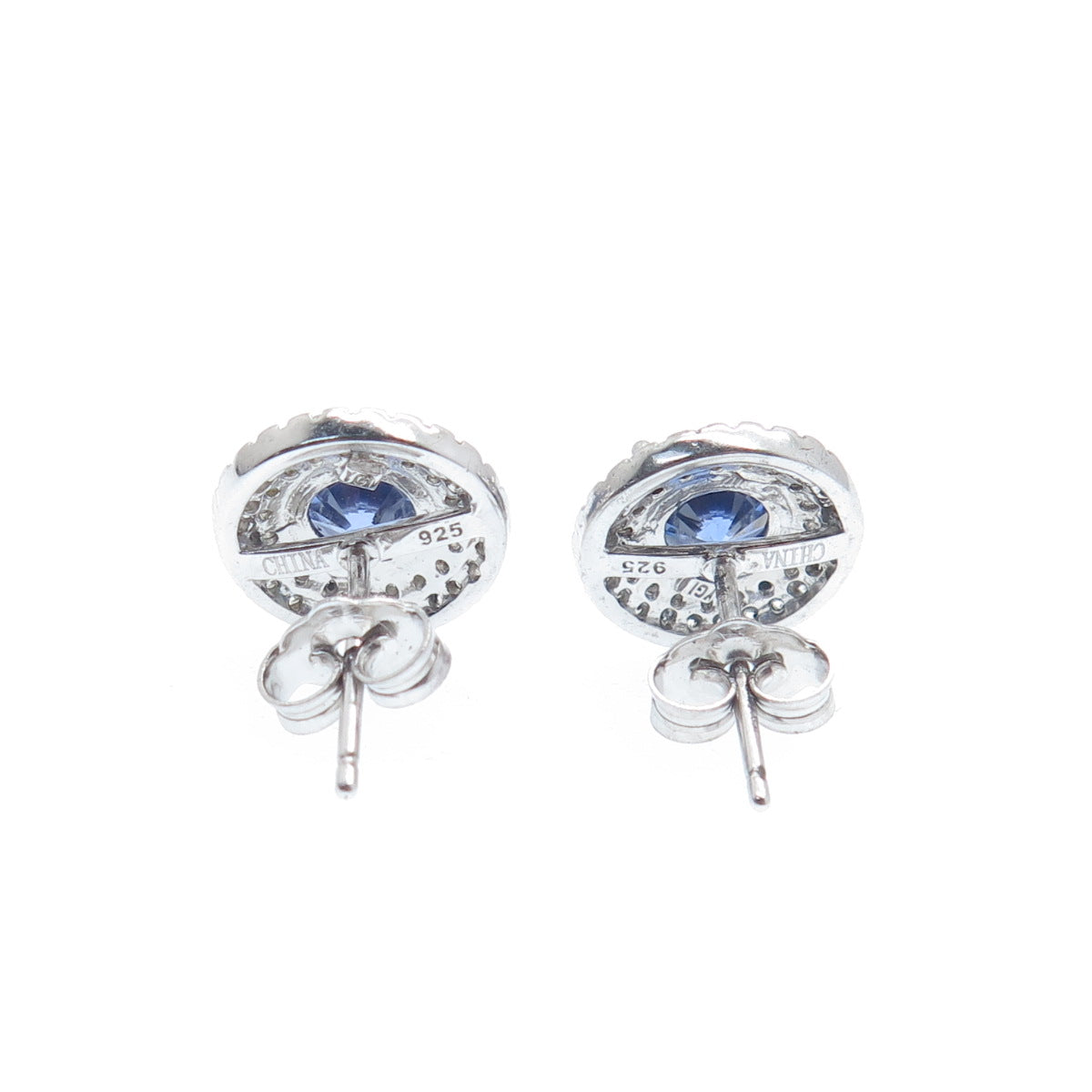 925 Sterling Silver Round-Cut Blue & White C Z Stud Earrings